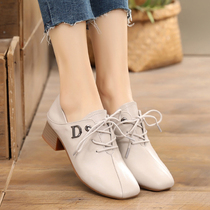 2021 new autumn soft leather thick heel single shoes womens middle heel British Four Seasons leather ladies shoes