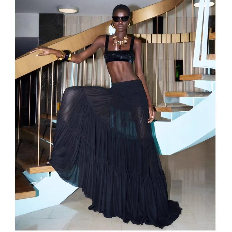 Black Pleated Skirt for Women, Summer Thin Style, Ankle-Length, for Tall People, Floor-Length, Large Hem, Half-Length Skirt, Extra-Long Style