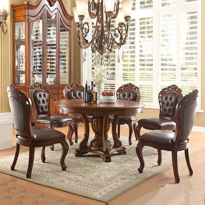 American solid wood table European style dining table and chairs combined with one table six chairs genuine leather table
