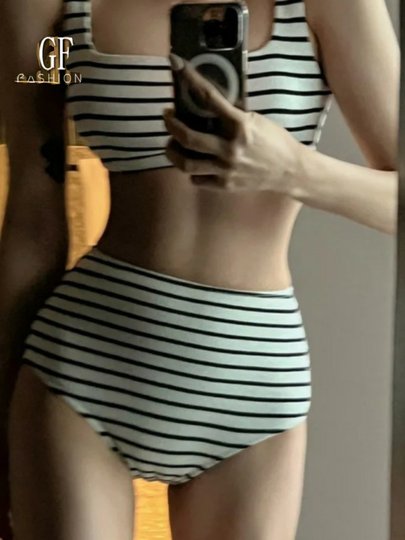 2025 New Popular Women's Swimsuit Summer Two-Piece High-Waisted Strap Striped Sexy Hot Girl Bikini Swimwear