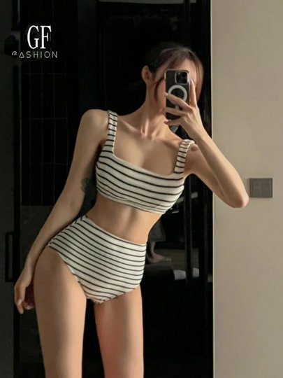 2025 New Popular Women's Swimsuit Summer Two-Piece High-Waisted Strap Striped Sexy Hot Girl Bikini Swimwear
