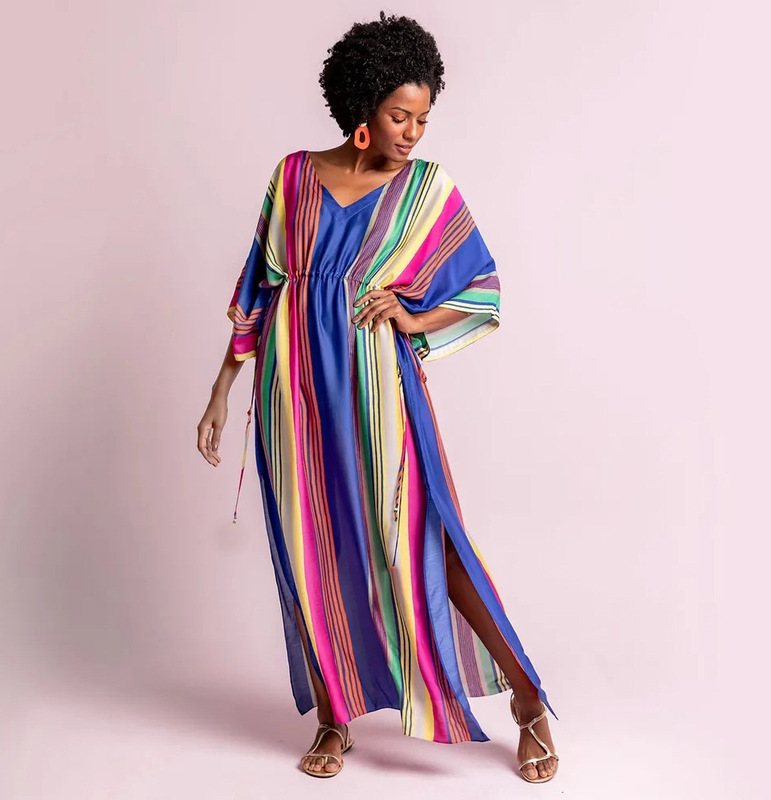 Rainbow Stripe Print Vacation Dress African Loose Mid-Length Dress Tall Women's Robe Dress Malaysia Dress
