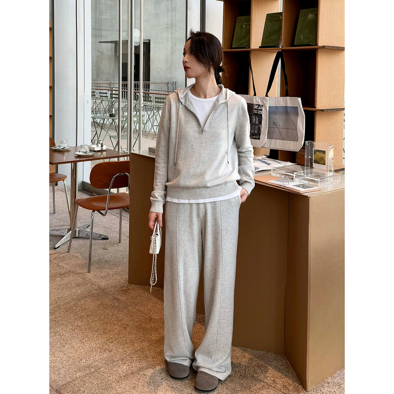 Alin Consinee 100% Cashmere Casual Hoodie + Straight Wide-Leg Pants Set