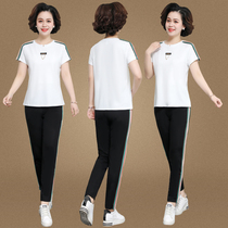 2021 summer new round neck T-shirt trousers middle-aged mother wear thin sports casual suit womens sportswear