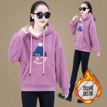 Autumn and winter thickened lamb hair hooded sweater coat women Korean fashion casual youth