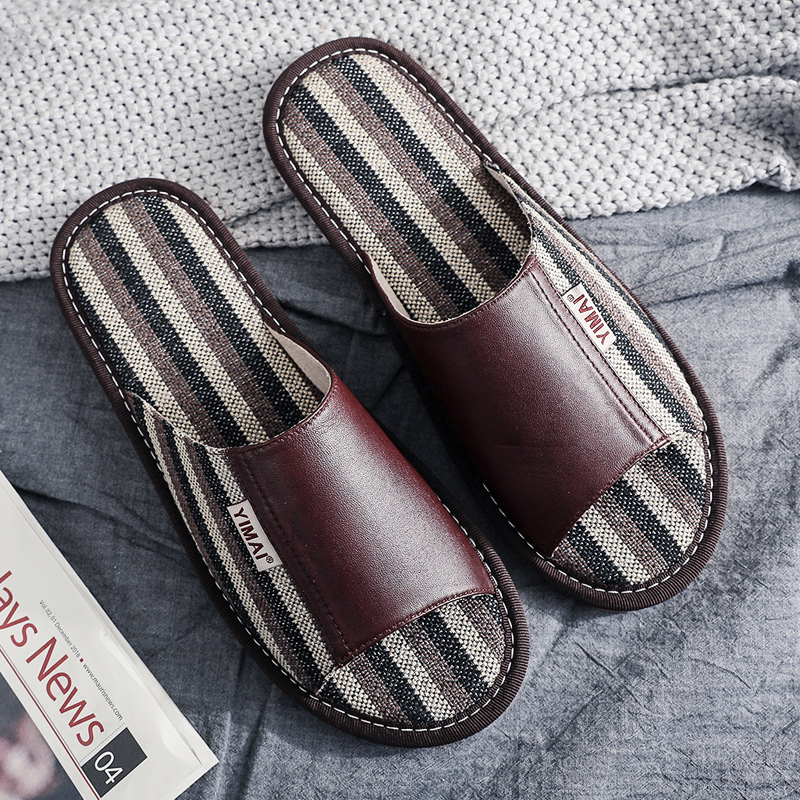 Light Luxury Men's Leather Slippers Scandinavian Designer American Leather Slippers Home Indoor Linen Soft Sole Women's Summer Light Luxury Men's Leather Slippers Scandinavian Designer American Leather Slippers Home Indoor Linen Soft Sole Women's Summer