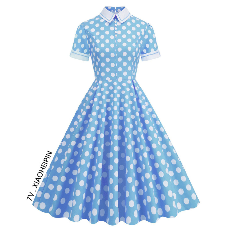 Vintage Hong Kong Style Hepburn Lapel Short-Sleeved Polka Dot Waist-Cinching Flared Mid-Length Retro Performance Dress Party Dress Vintage Hong Kong Style Hepburn Lapel Short-Sleeved Polka Dot Waist-Cinching Flared Mid-Length Retro Performance Dress Party Dress