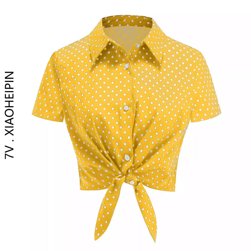 Hong Kong Style Fashionable Polka Dot Short Top Button-Up Cardigan with a Turn-Down Collar, Slimming Retro Party Cinched Waist Tie Shirt for Women in Summer