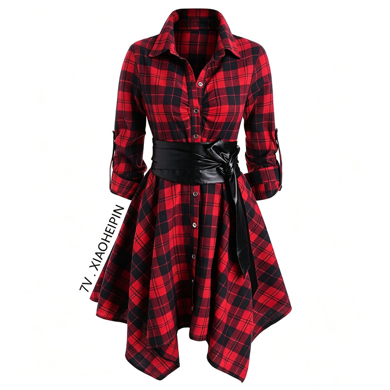2026 Early Autumn Vintage Plaid Shirt Dress with Waist-Cinching, Slimming Design and Irregular Mid-Length Dress for Petite Figures