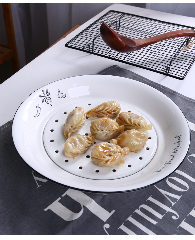 Shun cheung ceramic double disc home round steamed dumpling dish drop disc creative dumplings steamed fish dish plate plate plate