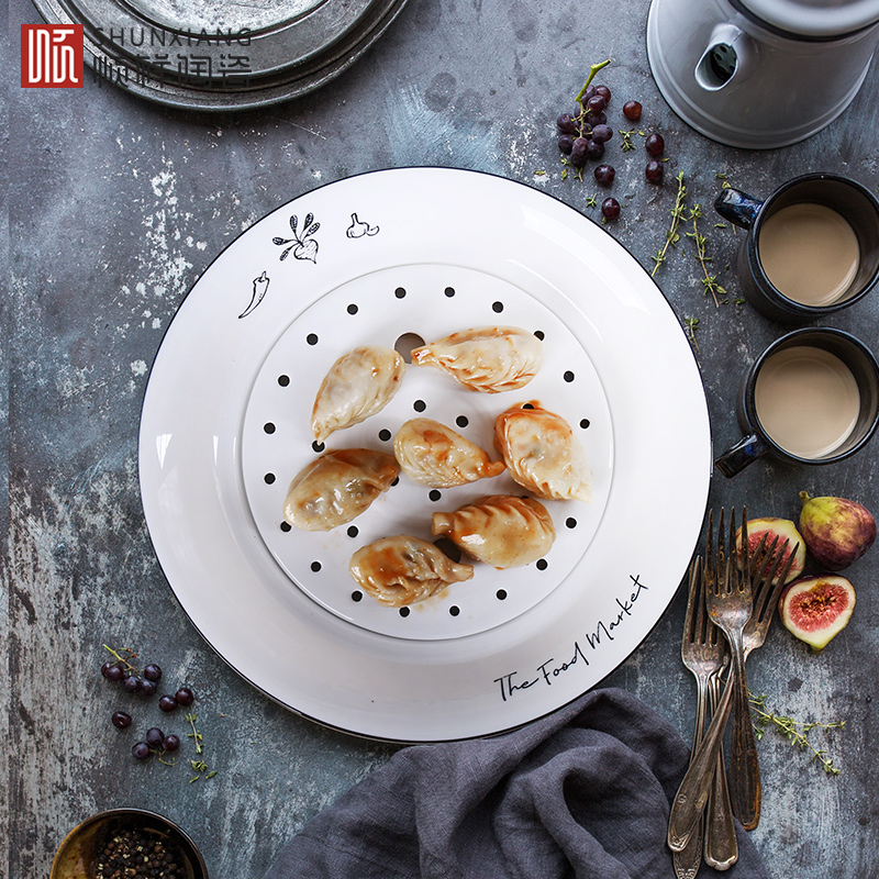 Shun cheung ceramic double disc home round steamed dumpling dish drop disc creative dumplings steamed fish dish plate plate plate