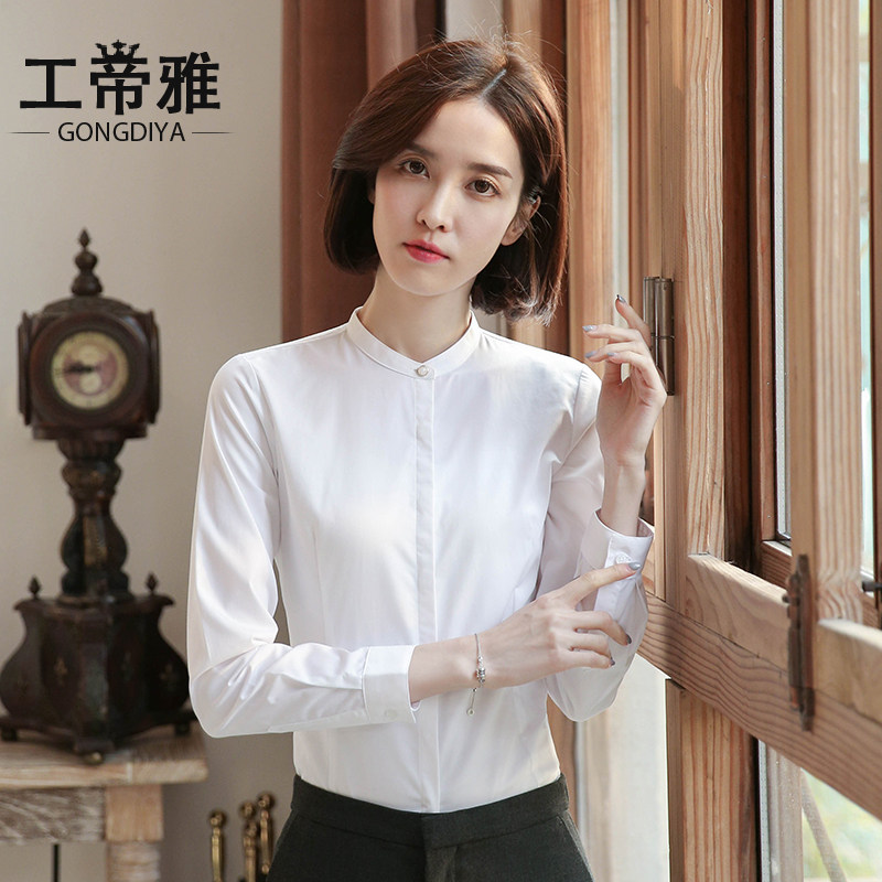 Led white shirt female professional dress long sleeve anti-wrinkle business dressmaking clothesWorkwear round collar pearl buckle shirt