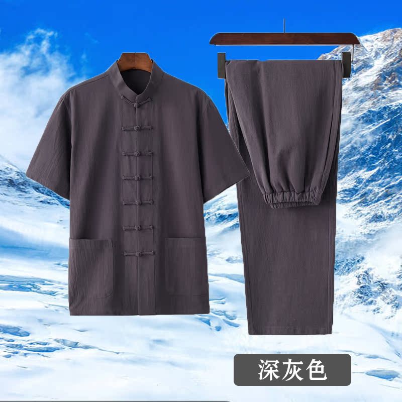 lanh cotton mỏng ngắn tay quần dài thiết nam gió của Trung Quốc Tang quần áo Han quần áo áo dài Gushi Zen lanh nửa tay áo