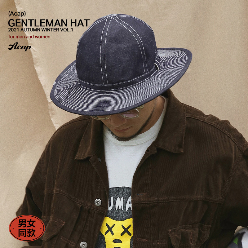 Acap retro Japanese vintage Ami khaki gentleman hat pure cotton denim big head circumference fisherman hat