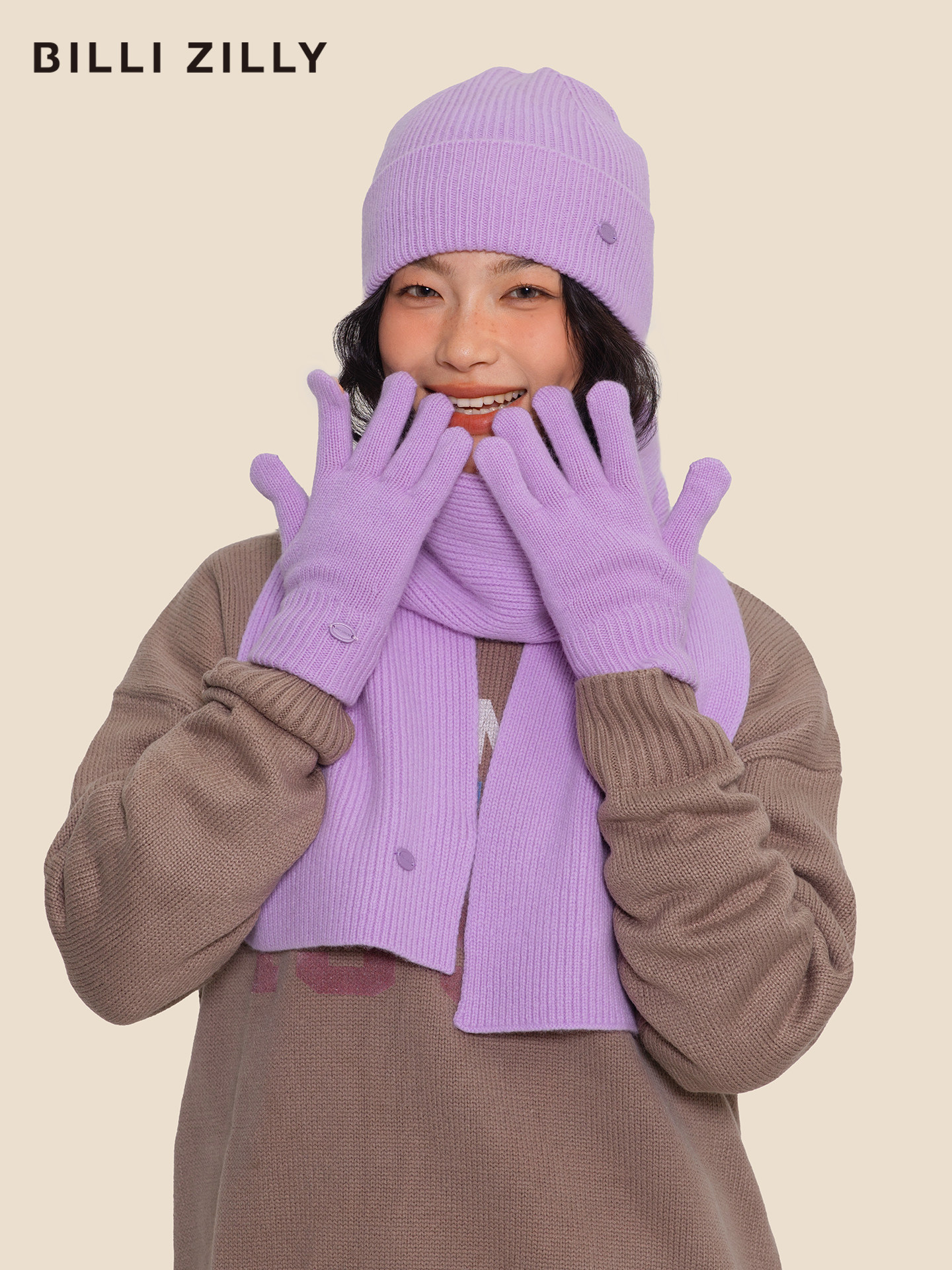 Casual Commuting 100% Wool Scarf for Women, Autumn and Winter Warm Knit Hat and Gloves Set, Solid Color Neck Warmer for Couples