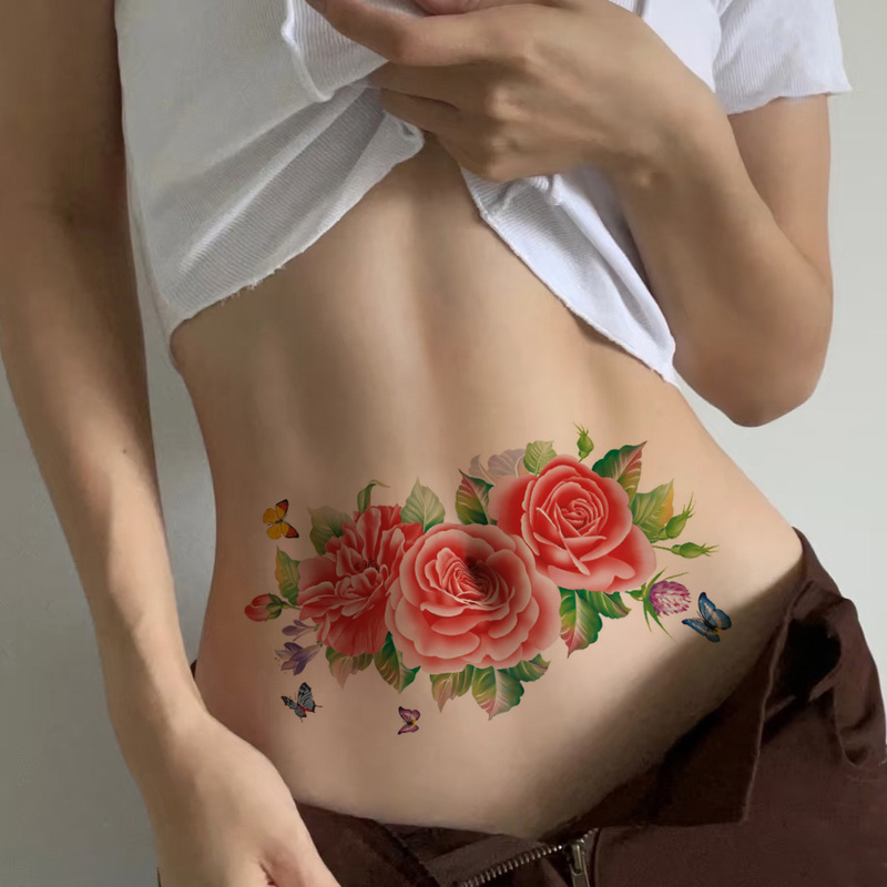 Temporary Tattoo with Painted Rose Pink Beauty Design, Waterproof, for Women, Caesarean Section, Sexy Scar Cover, Collarbone Tattoo, Arm and Back