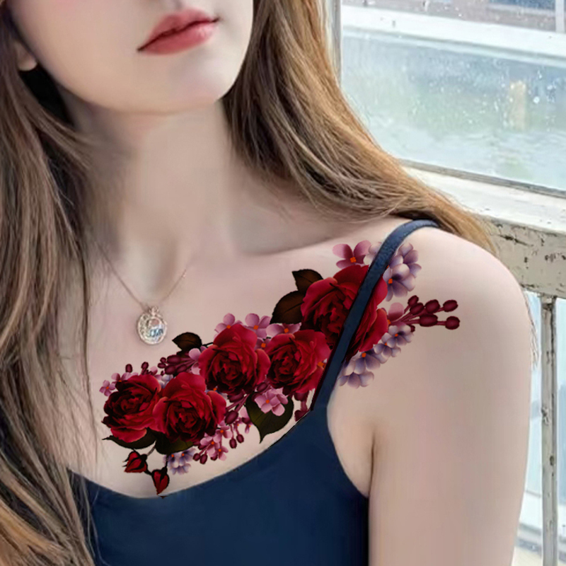Tattoo Stickers with Realistic Rose Flower Designs for Women, Waterproof, Covering Stretch Marks on the Collarbone and Chest Tattoo Stickers with Realistic Rose Flower Designs for Women, Waterproof, Covering Stretch Marks on the Collarbone and Chest