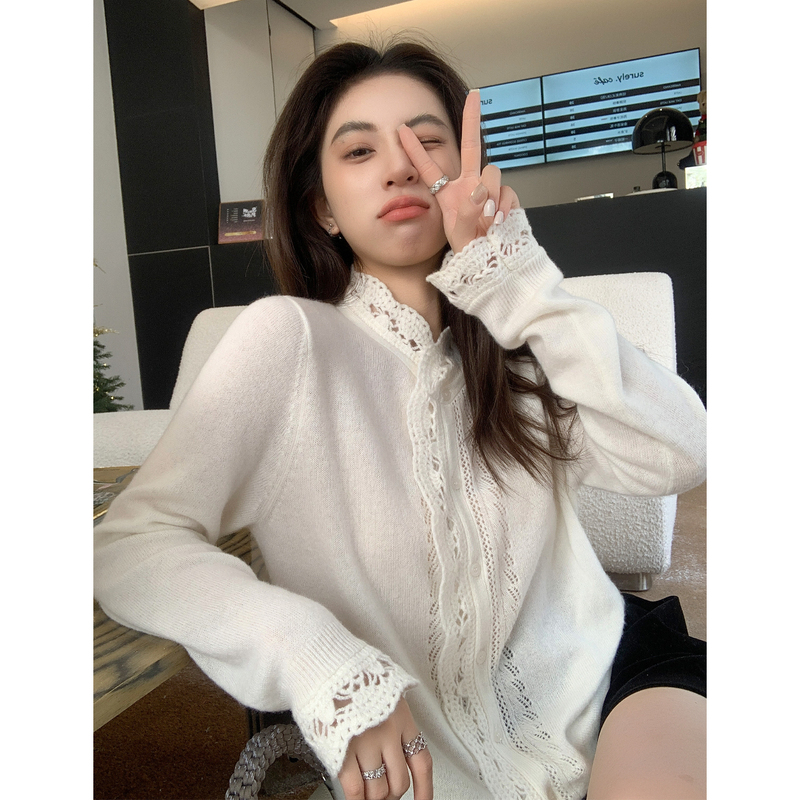 Leetwins Long-Lasting Tenderness, Cashmere Hollow-Out Knit Cardigan for Women, Stylish and Elegant Lace Soft Sweater