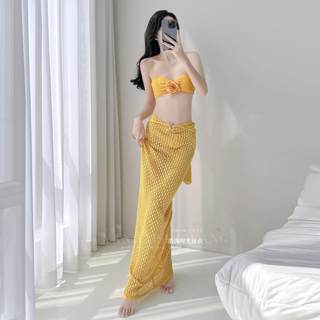 泳衣女姜黄立体花朵罩衫分体比基尼三件套长裙性感度假风小胸聚拢