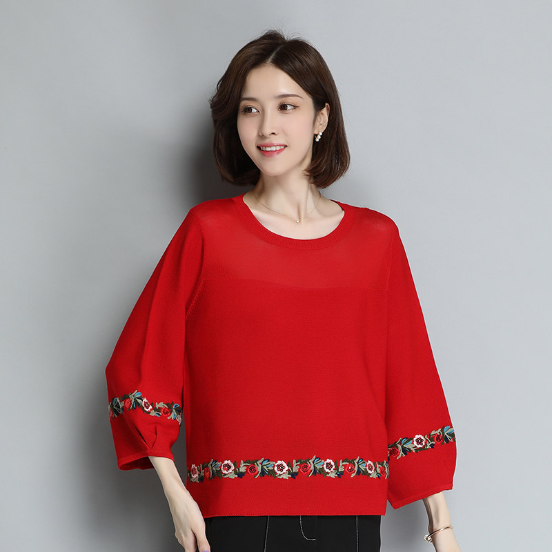 中年妈妈装中老年女装新款洋气七分袖秋装毛衣打底衫灯笼袖针织衫