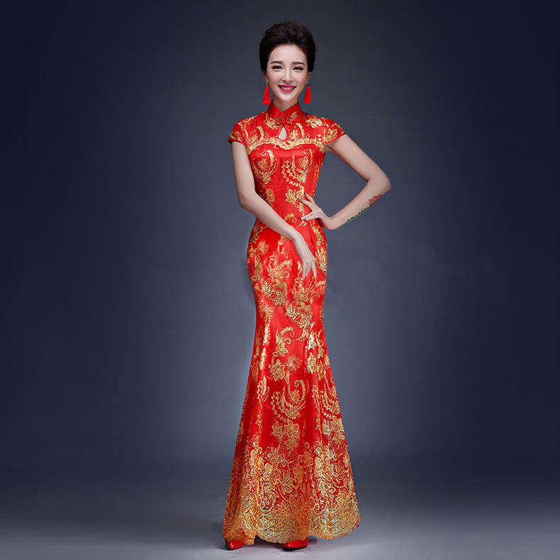 Long cheongsam, red evening dress, suit, maxi length Long cheongsam, red evening dress, suit, maxi length
