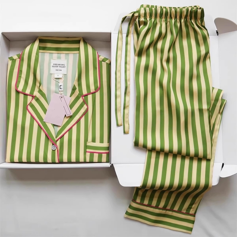 New Style Imitation Silk Moonlight Satin Grass Green Striped Pajamas for Women, Light Luxury and High-End Feel, Spring and Autumn Long-Sleeved Loungewear Set New Style Imitation Silk Moonlight Satin Grass Green Striped Pajamas for Women, Light Luxury and High-End Feel, Spring and Autumn Long-Sleeved Loungewear Set
