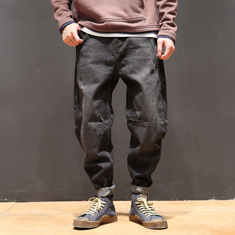 马切达秋季日系复古简约黑色水洗牛仔裤潮流青年男士宽松做旧裤子