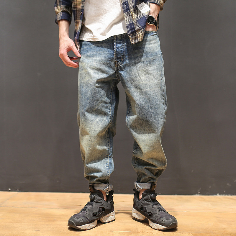 马切达日系复古水洗牛仔裤青年潮流做旧直筒裤宽松百搭男士裤子