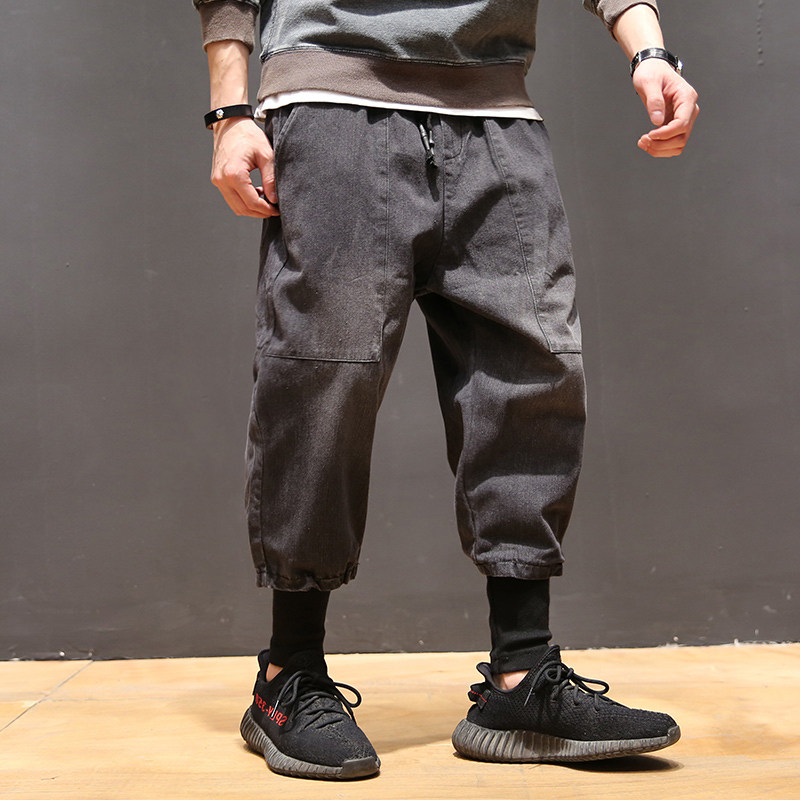 马切达秋季日系复古水洗假两件直筒牛仔裤潮流男士做旧九分束脚裤