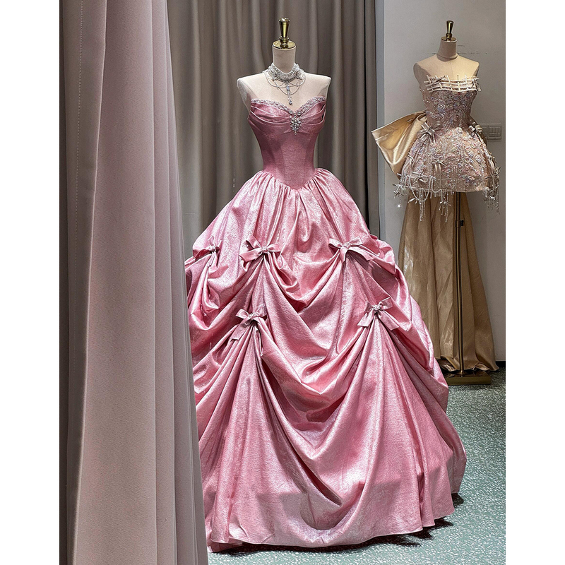 Tube Top Toast Dress Pink Bride Engagement Wedding Dress Women's Satin Girl Birthday Party Coming-Of-Age Ceremony Princess Dress