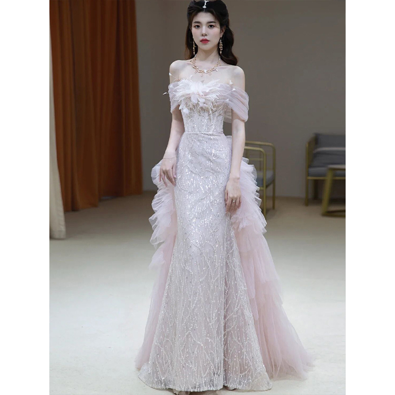 One-Shoulder Evening Dress, High-End, Light Luxury, Girl's Birthday, Coming-Of-Age Ceremony, Princess Dress, Bride's Engagement, Wedding, Toast Dress