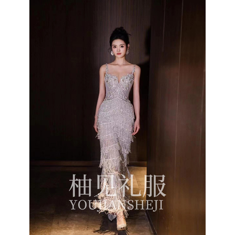 Banquet Evening Dress for Women, High-End Strapless Tassel Toasting Dress, High-End Light Luxury Niche Bride Engagement Wedding Dress