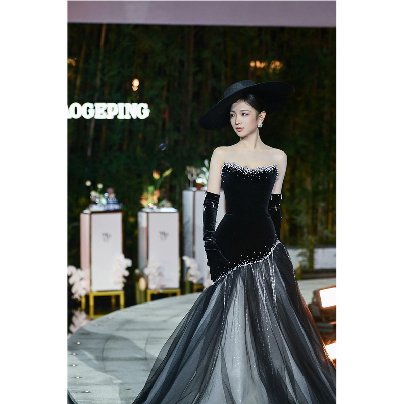 Black Banquet Evening Dress for Women, High-End Bridal Engagement Wedding Toast Dress, Strapless Girl's Coming-Of-Age Ceremony Princess Dress