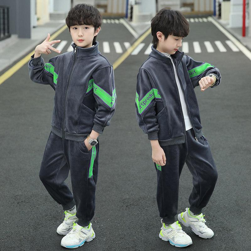 Boys' autumn suits 2022 new middle-aged children's spring and autumn plus velvet two-piece boy gold velvet clothes trend