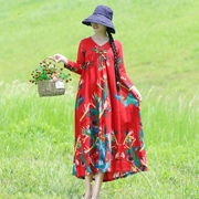 2018 mùa thu mới phong cách quốc gia thêu in kích thước lớn cotton cotton dài V-cổ nữ