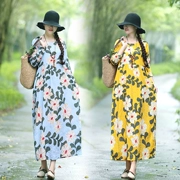 Mùa thu mới phong cách quốc gia in cotton dài tay và vải lanh thoải mái cao eo giảm béo phức tạp nghệ thuật váy cổ tròn