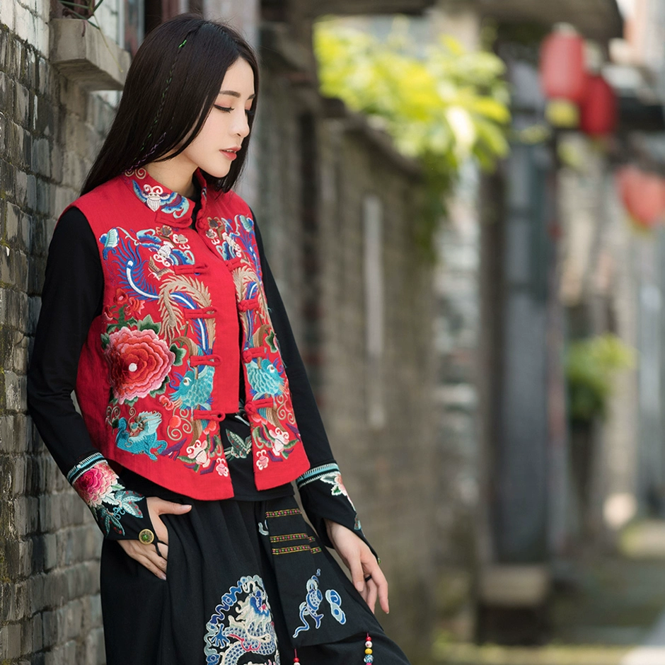 21 mùa xuân và mùa thu phong cách mới Yang Liping dân tộc phụ nữ ngành công nghiệp nặng thêu hoa vest retro cổ đứng áo khoác vest bằng sợi gai - Áo vest