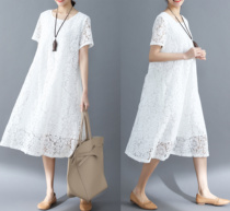 Good quality summer new Korean version loose large size womens lace simple and versatile short-sleeved medium-length dress