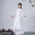 Real shot mùa thu với cotton cổ tích Hanfu và lụa lanh Zou đôi màu trắng lớn đầm xòe váy dài Dịch vụ trà Zen váy suông dài Váy dài