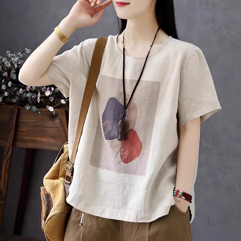 Linen Short-Sleeved T-Shirt for Women, New Summer Style, Loose, Casual, Slimming, Fashionable Printed, Artistic Retro Top