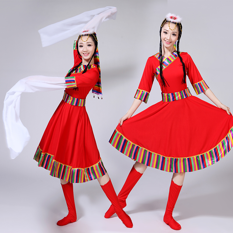 nữ ít Tây Tạng tộc costumepractice váy hiệu suất lớn nước hiệu suất vuông mới tay áo khiêu vũ trang phục Tây Tạng