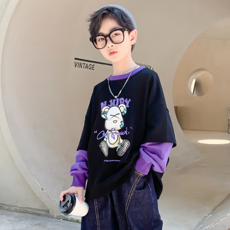 Tide brand boy cartoon round neck sweater 2023 new middle and large children's autumn clothes fake two pieces bottoming long-sleeved T-shirt