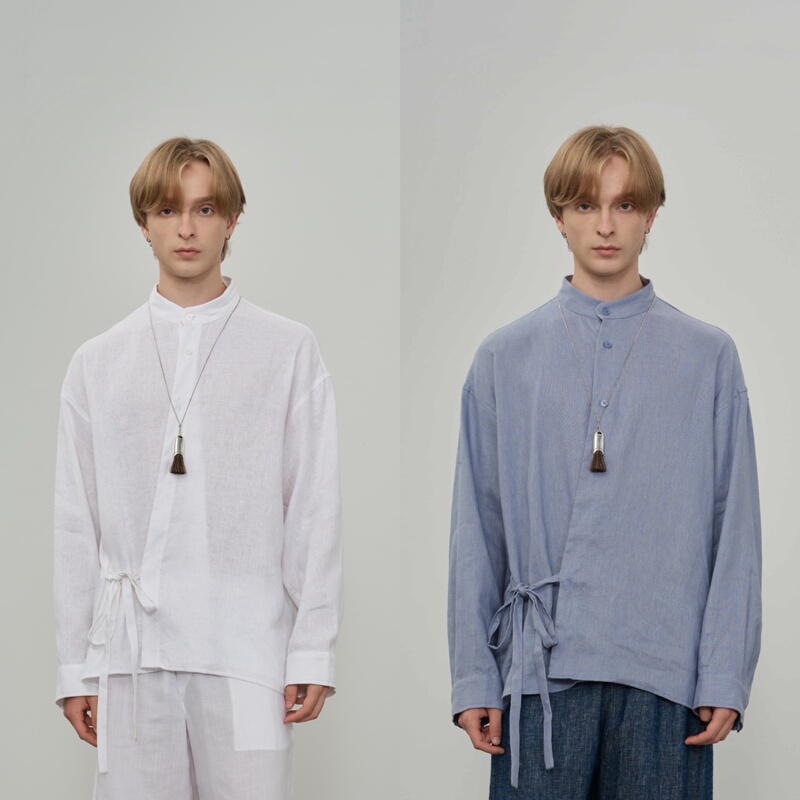 Hopeconcept Opens up the Linen Realm, Old Money Style Relaxed Linen Stand-Up Collar Tie Shirt # 25124