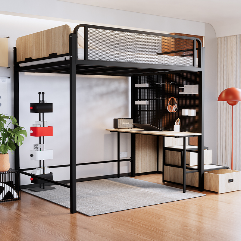 Wrought Iron Loft Bed with Desk and Ladder Cabinet, Multifunctional Upper Bed and Lower Table for Small Apartments, Adult Loft Bunk Bed
