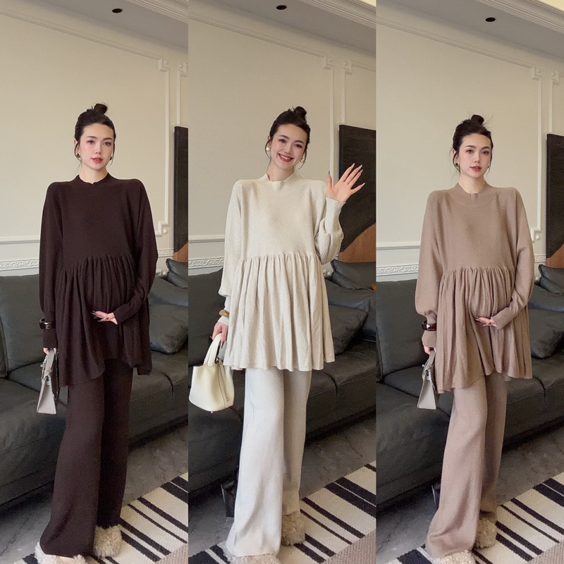 Zoey Maternity Wear [Sunny Baby] Autumn and Winter Simple Pleated Top Paired with Adjustable Straight-Leg Pants Set