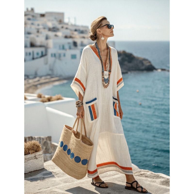 3D Digital Printing 2026 Cross-Border Foreign Trade New American-Style High-End V-Neck Half-Sleeve Long Dress with Patch Pockets