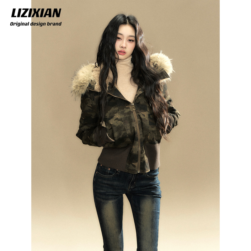 Lizixian Li Zixian's New Camouflage Jacket, Short Style with a Cinched Waist and Large Fur Collar, Original High-Waisted Top for Winter