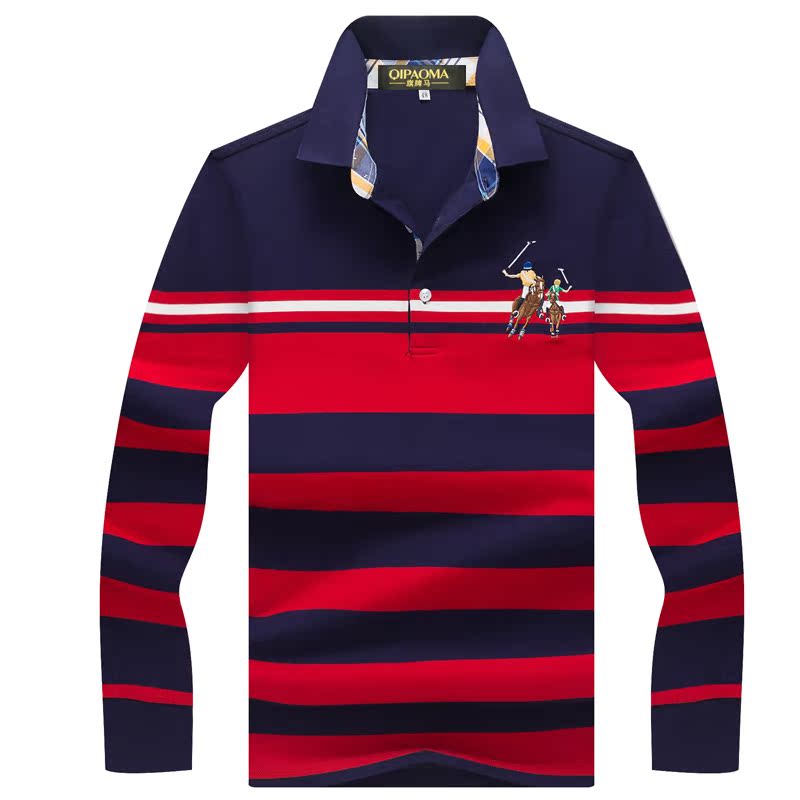 Áo cotton nam POLO áo thun dài tay nam ve áo trung niên kinh doanh giản dị cỡ lớn sọc bố từ bi miễn phí áo poloman