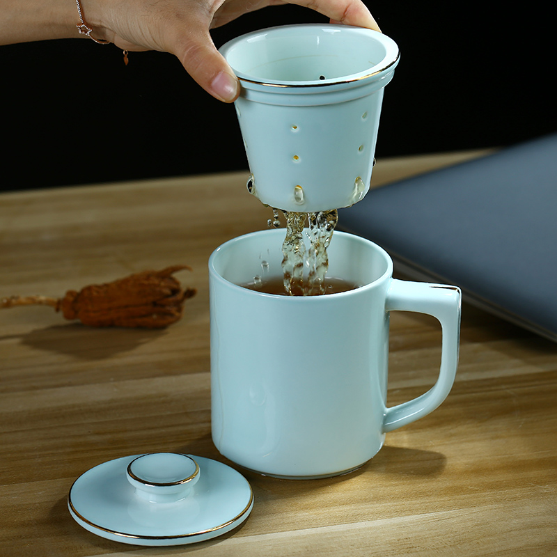 Jingdezhen celadon paint glass ceramic filter cups with cover large capacity water glass tea cup printing office