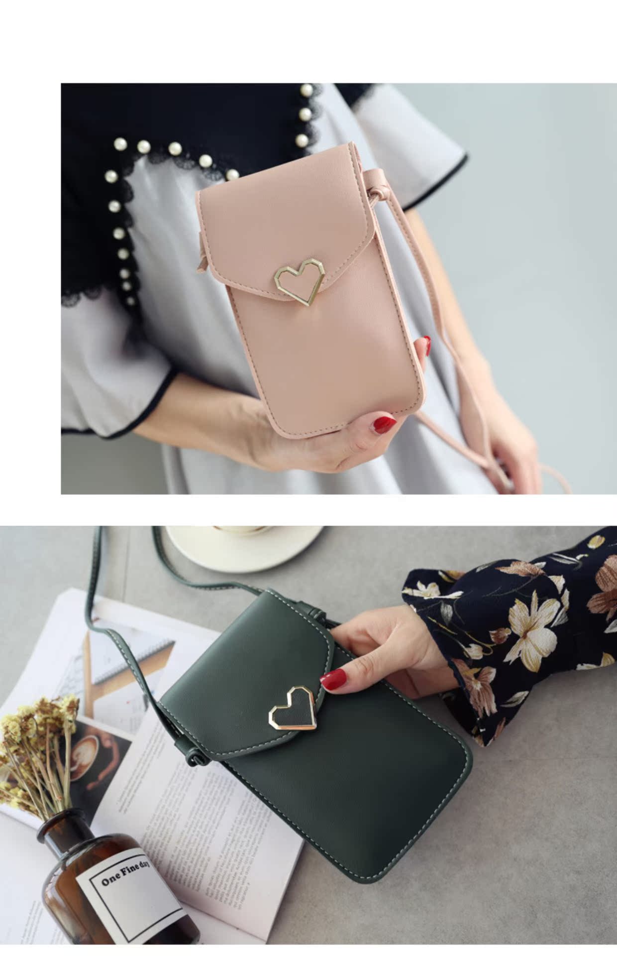 Phụ nữ hình trái tim bằng kim loại trang trí trong suốt màn hình cảm ứng đa chức năng túi điện thoại di động 2018 mới túi xách nữ vascara